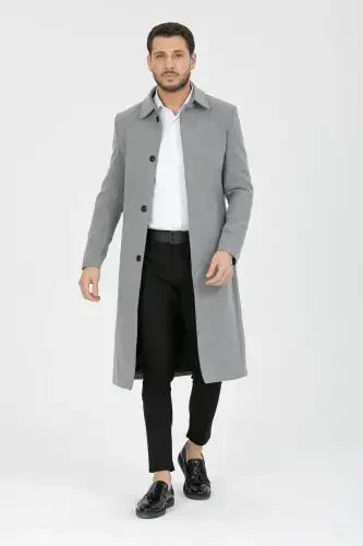 Men's Light Gray Slim Fit Long Wool Blend Overcoat & Coat with Shirt Collar - LIGHT GRAY - 1