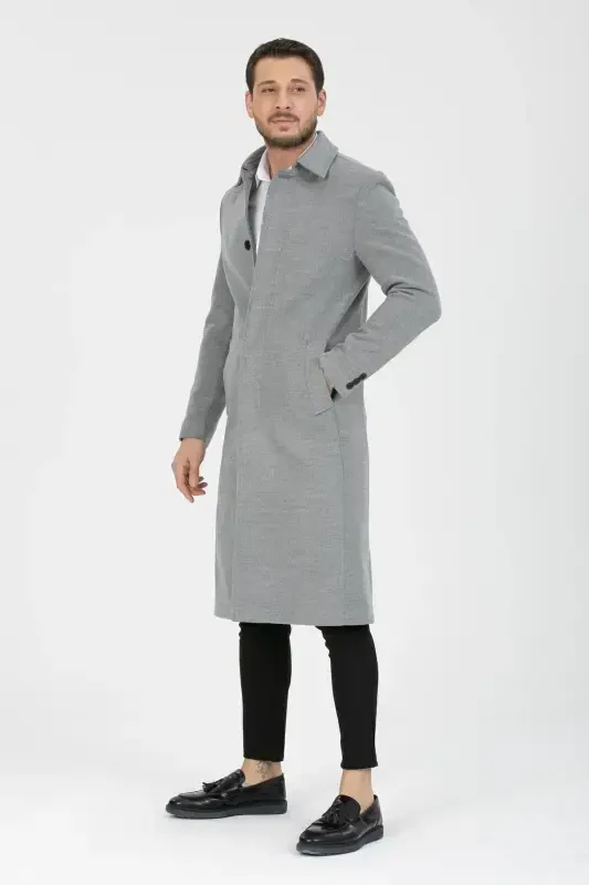 Men's Light Gray Slim Fit Long Wool Blend Overcoat & Coat with Shirt Collar - LIGHT GRAY - 2