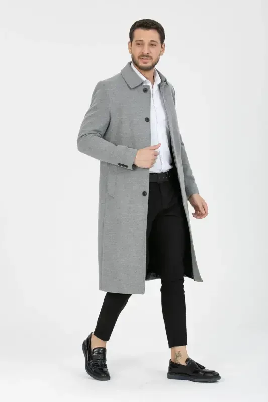 Men's Light Gray Slim Fit Long Wool Blend Overcoat & Coat with Shirt Collar - LIGHT GRAY - 3