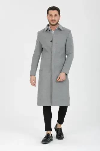 Men's Light Gray Slim Fit Long Wool Blend Overcoat & Coat with Shirt Collar - LIGHT GRAY - 4