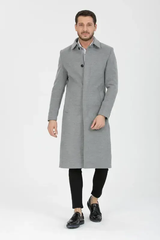 Men's Light Gray Slim Fit Long Wool Blend Overcoat & Coat with Shirt Collar - LIGHT GRAY - 4