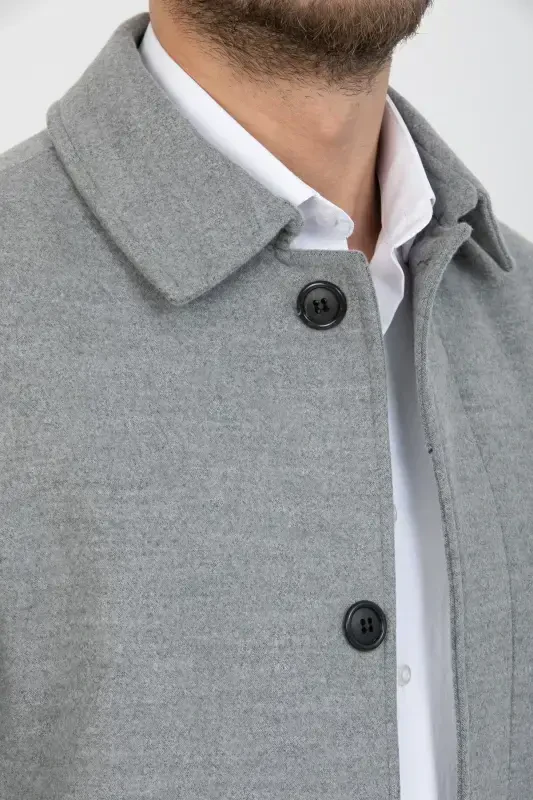 Men's Light Gray Slim Fit Long Wool Blend Overcoat & Coat with Shirt Collar - LIGHT GRAY - 6