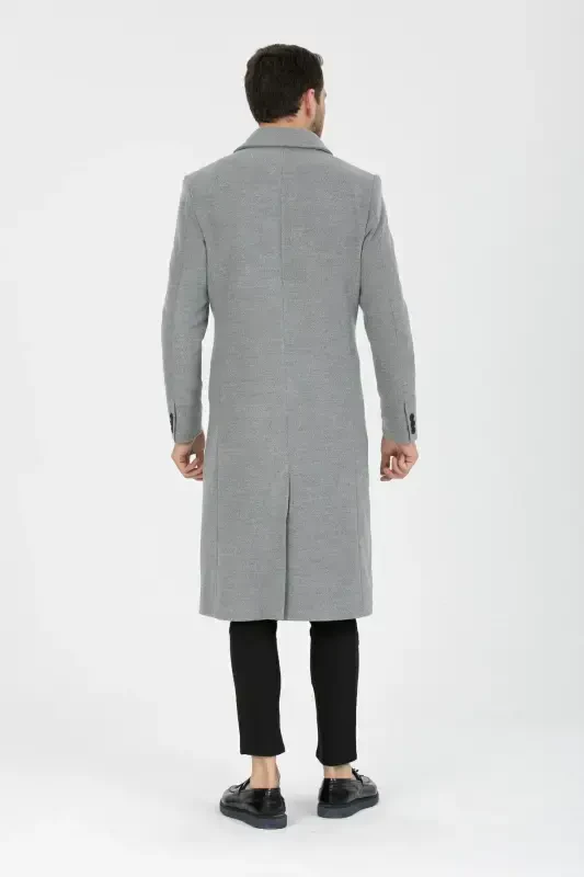 Men's Light Gray Slim Fit Long Wool Blend Overcoat & Coat with Shirt Collar - LIGHT GRAY - 7