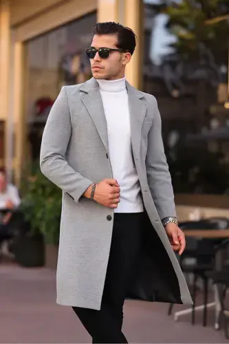 Men's Light Gray Slim Fit Long Wool Blend Overcoat - LIGHT GRAY - 1