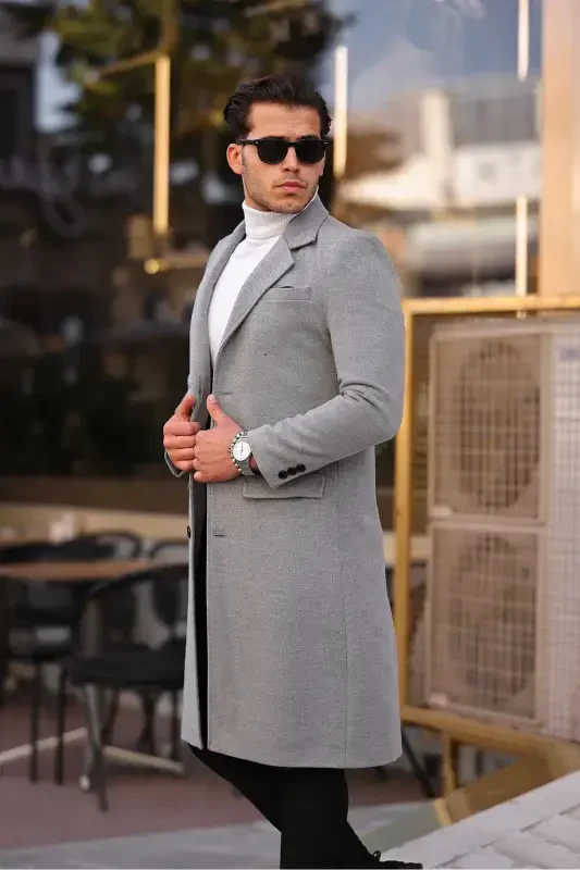 Men's Light Gray Slim Fit Long Wool Blend Overcoat - LIGHT GRAY - 2