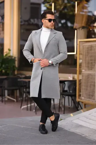 Men's Light Gray Slim Fit Long Wool Blend Overcoat - LIGHT GRAY - 3