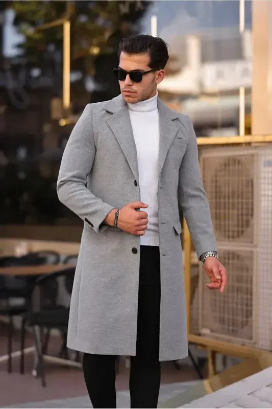 Men's Light Gray Slim Fit Long Wool Blend Overcoat - LIGHT GRAY - 4