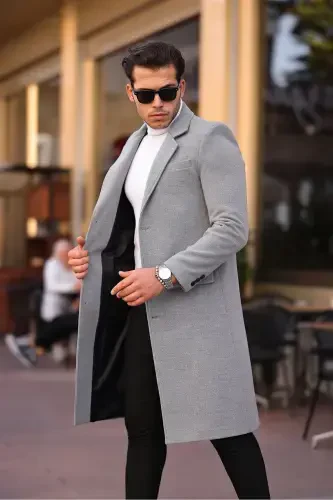 Men's Light Gray Slim Fit Long Wool Blend Overcoat - LIGHT GRAY - 5