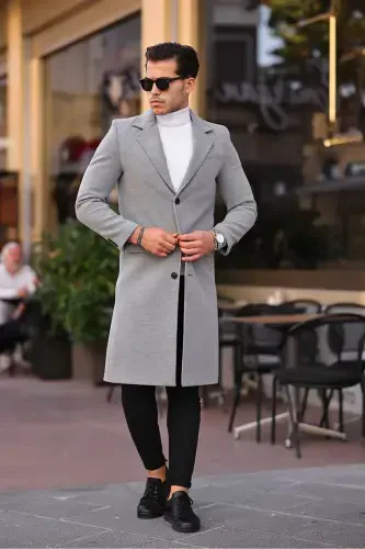 Men's Light Gray Slim Fit Long Wool Blend Overcoat - LIGHT GRAY - 7