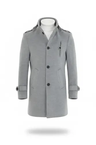 Men's Light Gray Slim Fit Stand-Up Collar Long Wool Blend Overcoat-LIGHT GRAY 