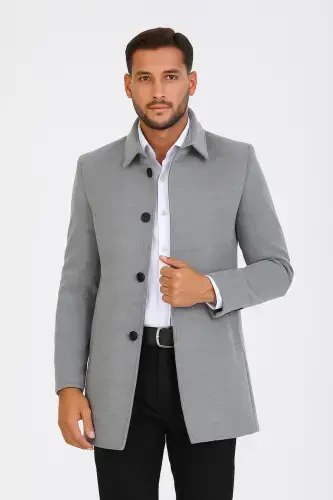 Men's Light Gray Slim Fit Wool Blend Shirt Collar Overcoat - LIGHT GRAY - 1