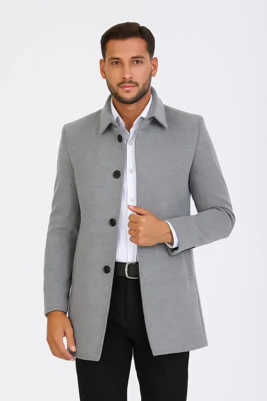 Men's Light Gray Slim Fit Wool Blend Shirt Collar Overcoat - LIGHT GRAY - 1