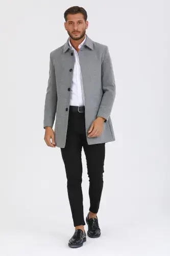 Men's Light Gray Slim Fit Wool Blend Shirt Collar Overcoat - LIGHT GRAY - 2