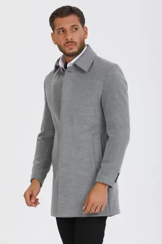 Men's Light Gray Slim Fit Wool Blend Shirt Collar Overcoat - LIGHT GRAY - 3