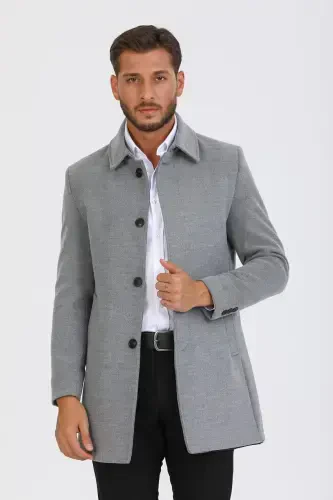 Men's Light Gray Slim Fit Wool Blend Shirt Collar Overcoat - LIGHT GRAY - 4