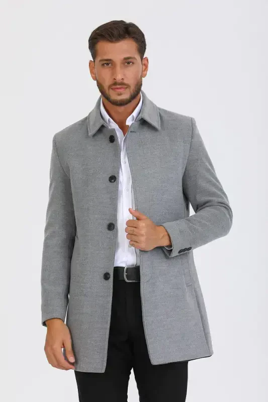 Men's Light Gray Slim Fit Wool Blend Shirt Collar Overcoat - LIGHT GRAY - 4