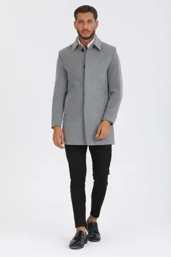 Men's Light Gray Slim Fit Wool Blend Shirt Collar Overcoat - LIGHT GRAY - 5