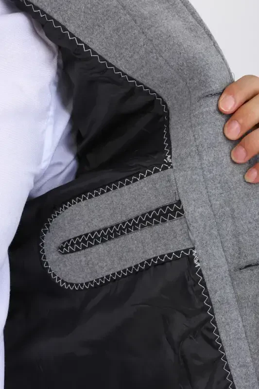 Men's Light Gray Slim Fit Wool Blend Shirt Collar Overcoat - LIGHT GRAY - 6