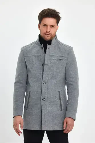 Men's Light Gray Slim Fit Wool Coat-GRAY - 1