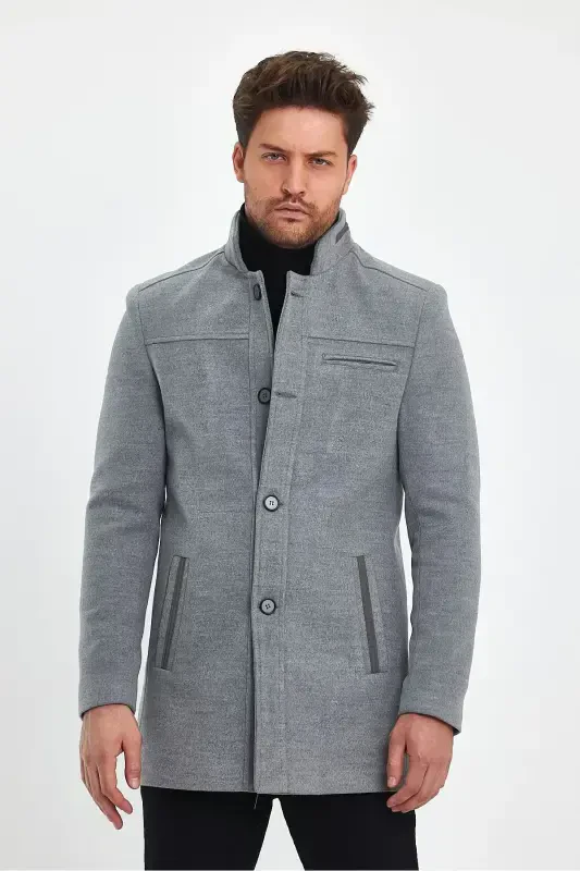 Men's Light Gray Slim Fit Wool Coat-GRAY - 1