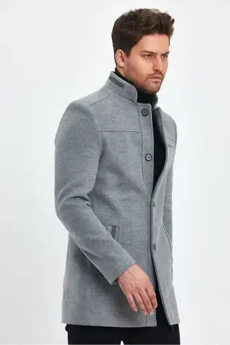 Men's Light Gray Slim Fit Wool Coat-GRAY - TREND KOMBİN (1)