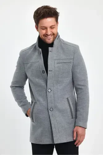 Men's Light Gray Slim Fit Wool Coat-GRAY - 3