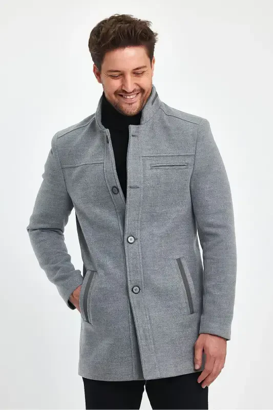 Men's Light Gray Slim Fit Wool Coat-GRAY - 3