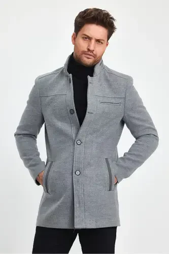 Men's Light Gray Slim Fit Wool Coat-GRAY - 4