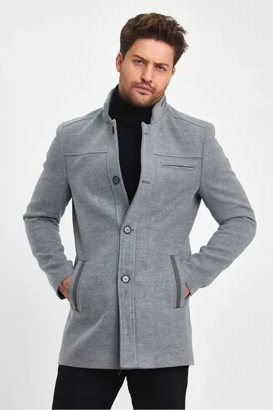 Men's Light Gray Slim Fit Wool Coat-GRAY - 4