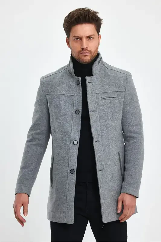 Men's Light Gray Slim Fit Wool Coat-GRAY - 5