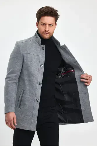 Men's Light Gray Slim Fit Wool Coat-GRAY - 6