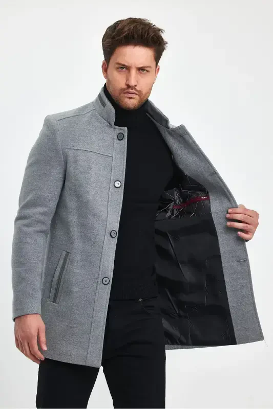 Men's Light Gray Slim Fit Wool Coat-GRAY - 6
