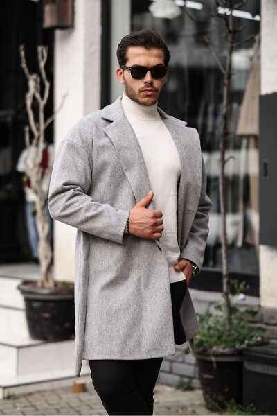 Men's Light Grey Belted Oversized Relaxed Fit Cashmere Coat - 2