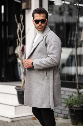 Men's Light Grey Belted Oversized Relaxed Fit Cashmere Coat 