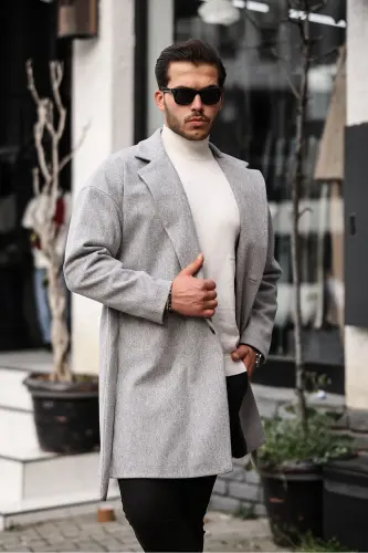 Men's Light Grey Belted Oversized Relaxed Fit Cashmere Coat - MERO LIFE (1)