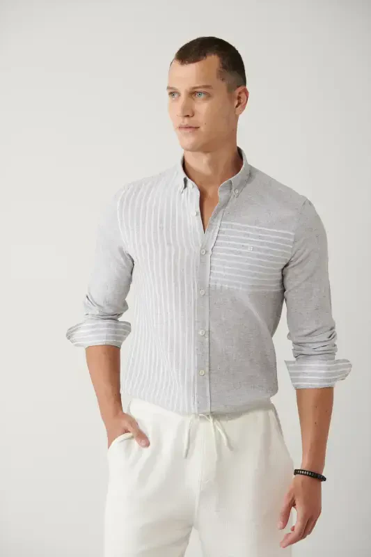 Men's Light Grey Button-Down Collar Striped Trimmed Linen Blend Regular Fit Shirt A41y2066 - AVVA