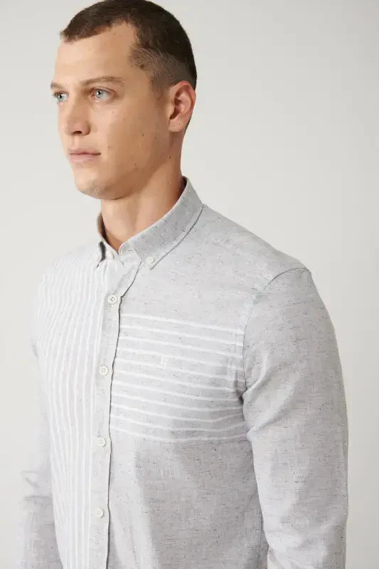 Men's Light Grey Button-Down Collar Striped Trimmed Linen Blend Regular Fit Shirt A41y2066 - 2