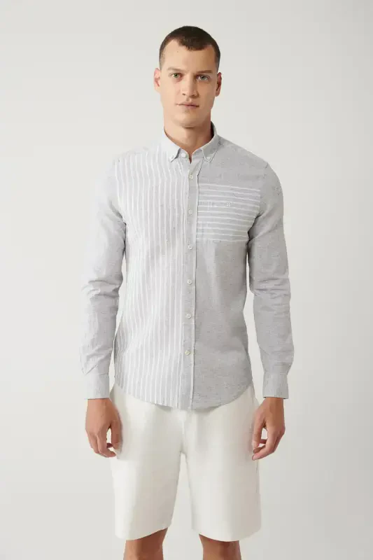 Men's Light Grey Button-Down Collar Striped Trimmed Linen Blend Regular Fit Shirt A41y2066 - 3