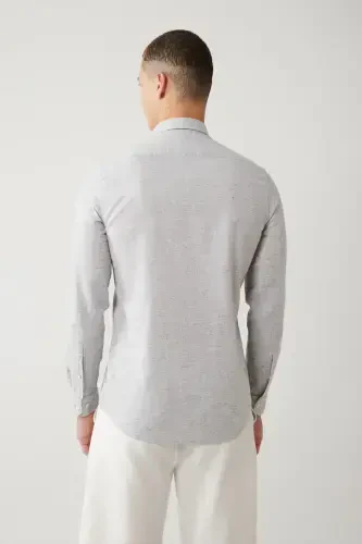 Men's Light Grey Button-Down Collar Striped Trimmed Linen Blend Regular Fit Shirt A41y2066 - 4