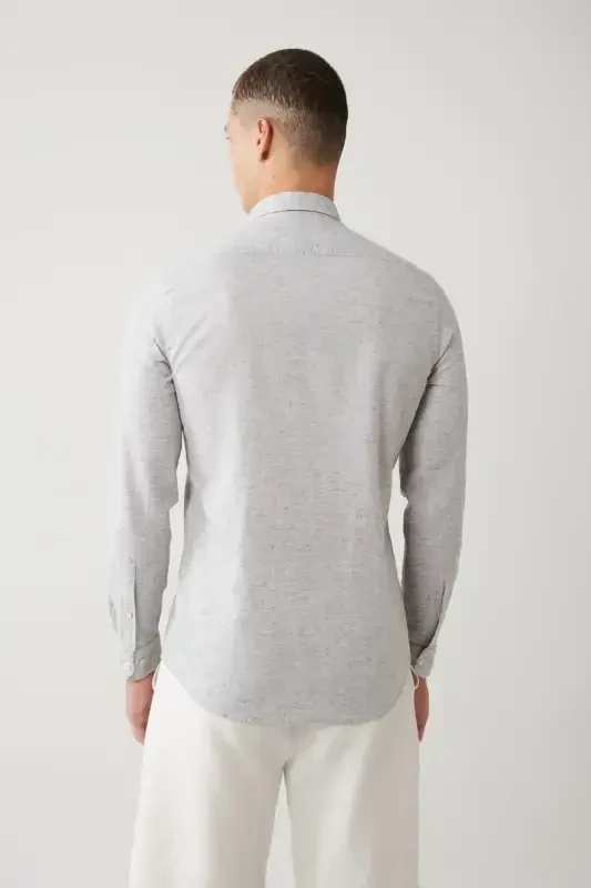 Men's Light Grey Button-Down Collar Striped Trimmed Linen Blend Regular Fit Shirt A41y2066 - 4