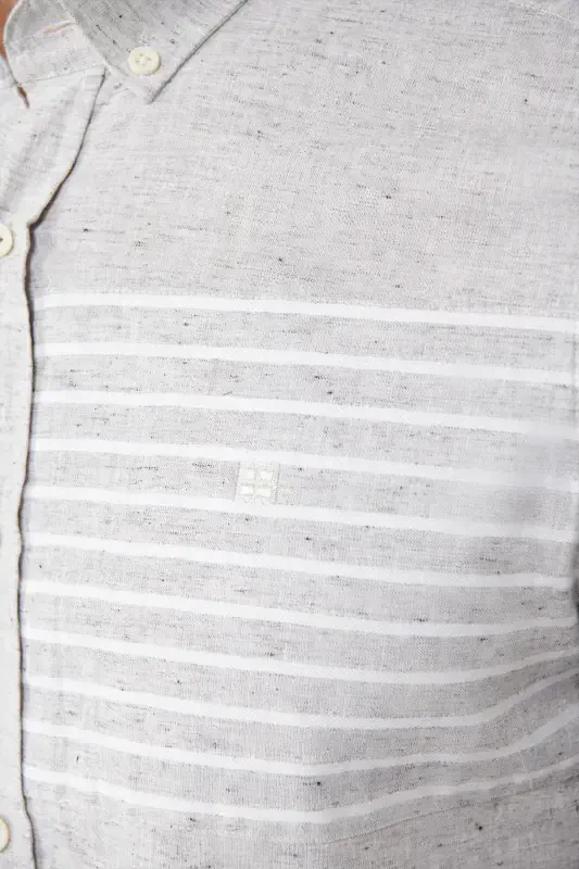 Men's Light Grey Button-Down Collar Striped Trimmed Linen Blend Regular Fit Shirt A41y2066 - 5