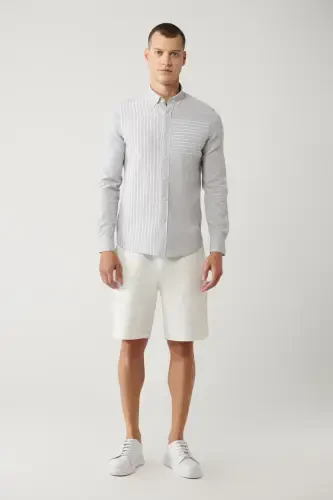 Men's Light Grey Button-Down Collar Striped Trimmed Linen Blend Regular Fit Shirt A41y2066 - 6