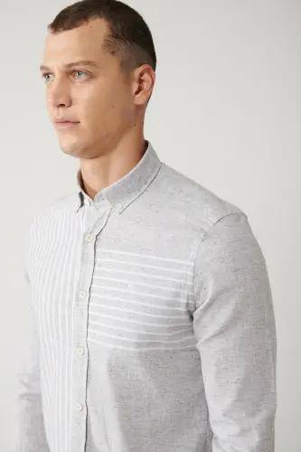 Men's Light Grey Button-Down Collar Striped Trimmed Linen Blend Regular Fit Shirt A41y2066 - AVVA (1)