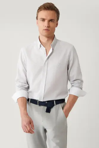 Men's Light Grey Button-Down Cotton Textured Regular Fit Shirt A41y2130 