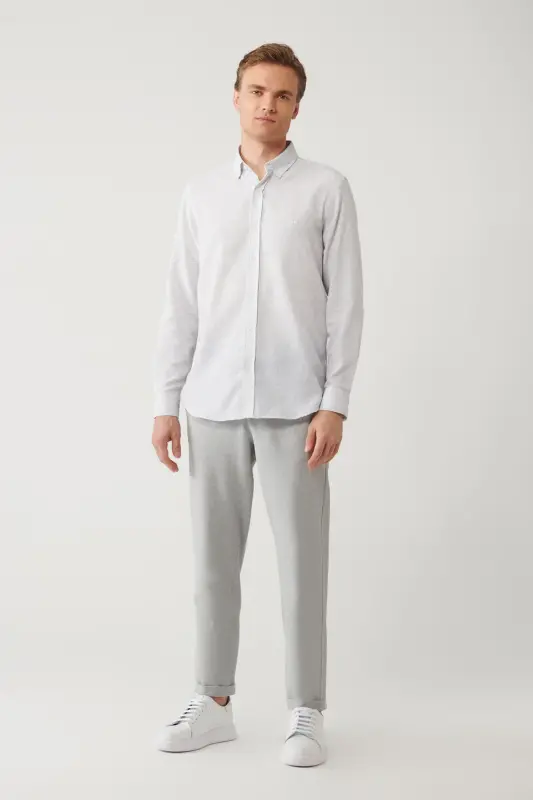 Men's Light Grey Button-Down Cotton Textured Regular Fit Shirt A41y2130 - 6