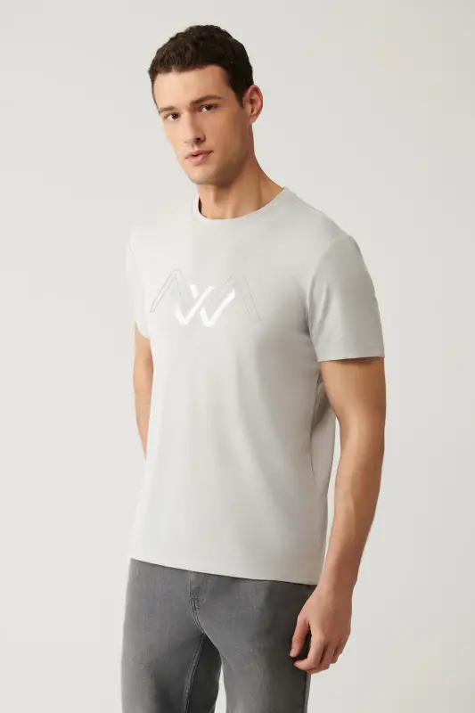 Men's Light Grey Crew Neck Printed Soft Touch Regular Fit T-shirt A41y1131 - AVVA
