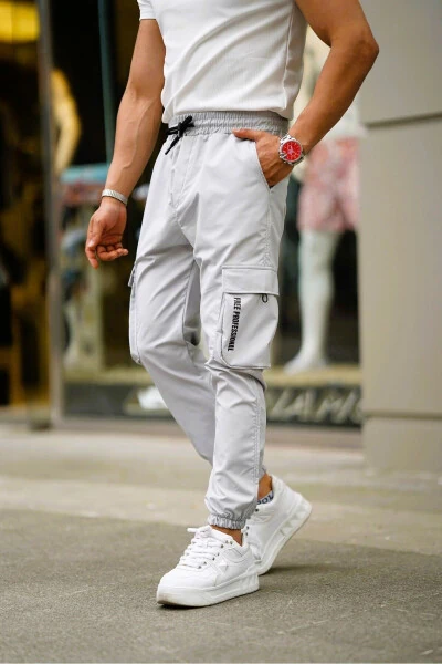 Men's LIGHT GREY Printed Pocket Elastic Waist Drawstring Cargo Pocket Stretchable Slim Fit Jogger Pants - CEYHANPARK