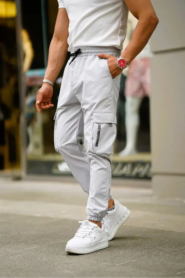 Men's LIGHT GREY Printed Pocket Elastic Waist Drawstring Cargo Pocket Stretchable Slim Fit Jogger Pants - 1