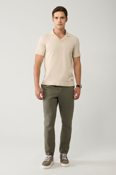 Men's Light Khaki Pants with Side Pockets, Elastic Waistband, Linen Texture, Relaxed Fit E003052 - 1