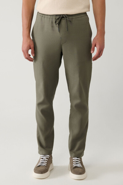 Men's Light Khaki Pants with Side Pockets, Elastic Waistband, Linen Texture, Relaxed Fit E003052 - 2